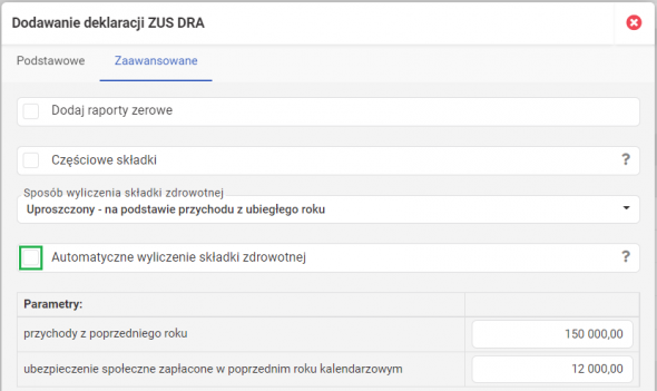 Składka zdrowotna - edycja parametrów naliczania składki uproszczonej