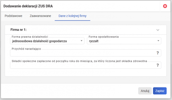 Składka zdrowotna - wpisanie danych do naliczenia składki z innej firmy