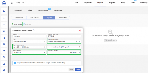 Zmiany w rozliczeniach samochodów - dodanie pojazdu