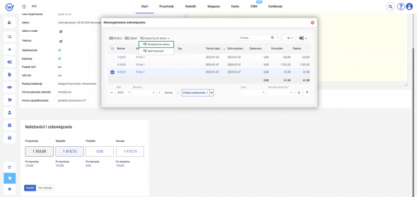 Nierozliczone płatności - eksportuj do banku