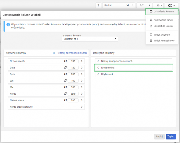 księga handlowa - ustawienia kolumna