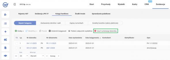 księga handlowa - usuń numerację dziennika