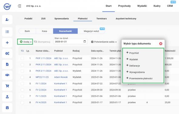 Rozrachunki stan płatności na dzień - dodawanie rozrachunków sprzed przejścia do systemu