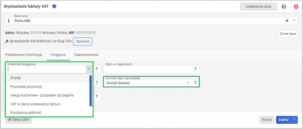 faktura vat - okno ustawień księgowych faktury