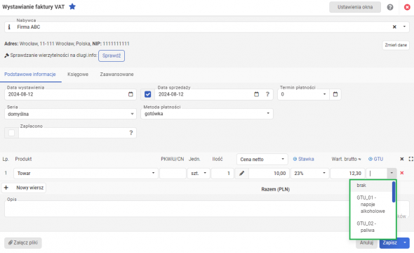 faktura vat - opcje GTU pozycji