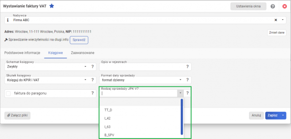 faktura vat - opcje JPK na fakturze